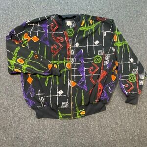 Cascais of California Bomber Jacket Medium Womens Black 90s Abstract Zip Up